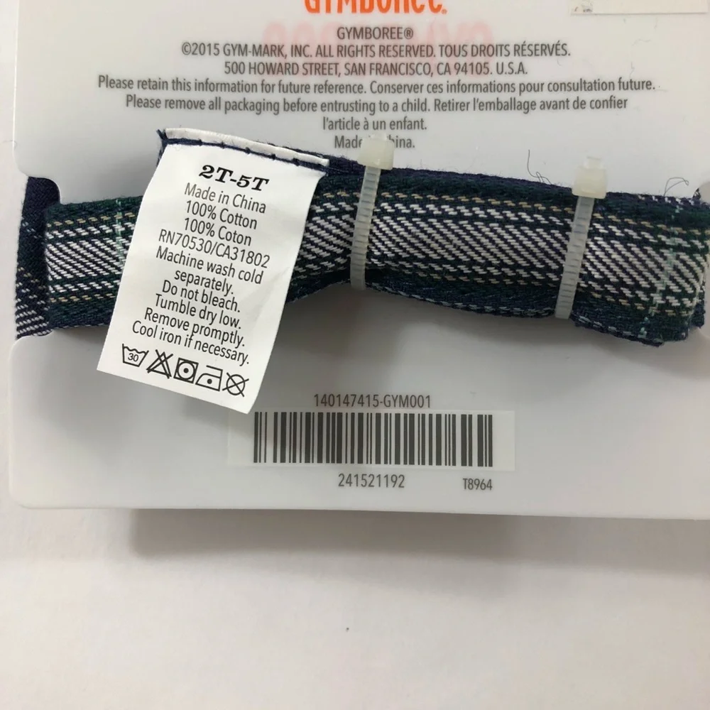 Boys Navy Blue Green White Plaid Bow Tie Preppy Gymboree 2T - 5T Adjustable